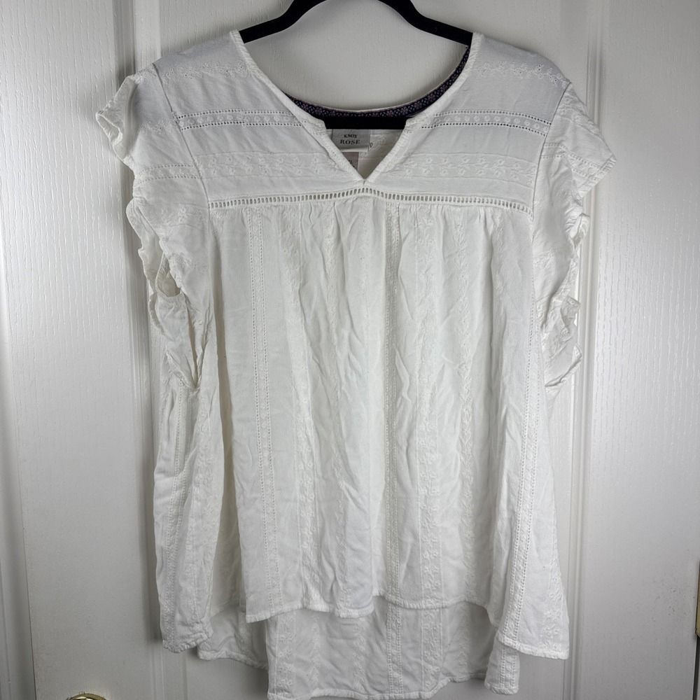 Knox Rose White Embroidered Boho V-Neck Top Flutter Sleeve Sz XL Prairie